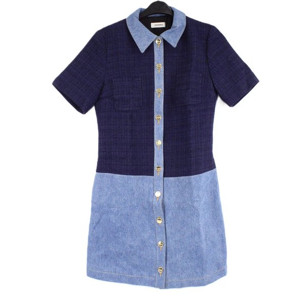 NWT Sandro Brooke Tweed and Denim Mini Dress in Blue with Gold Buttons Size 36 - Picture 1 of 15